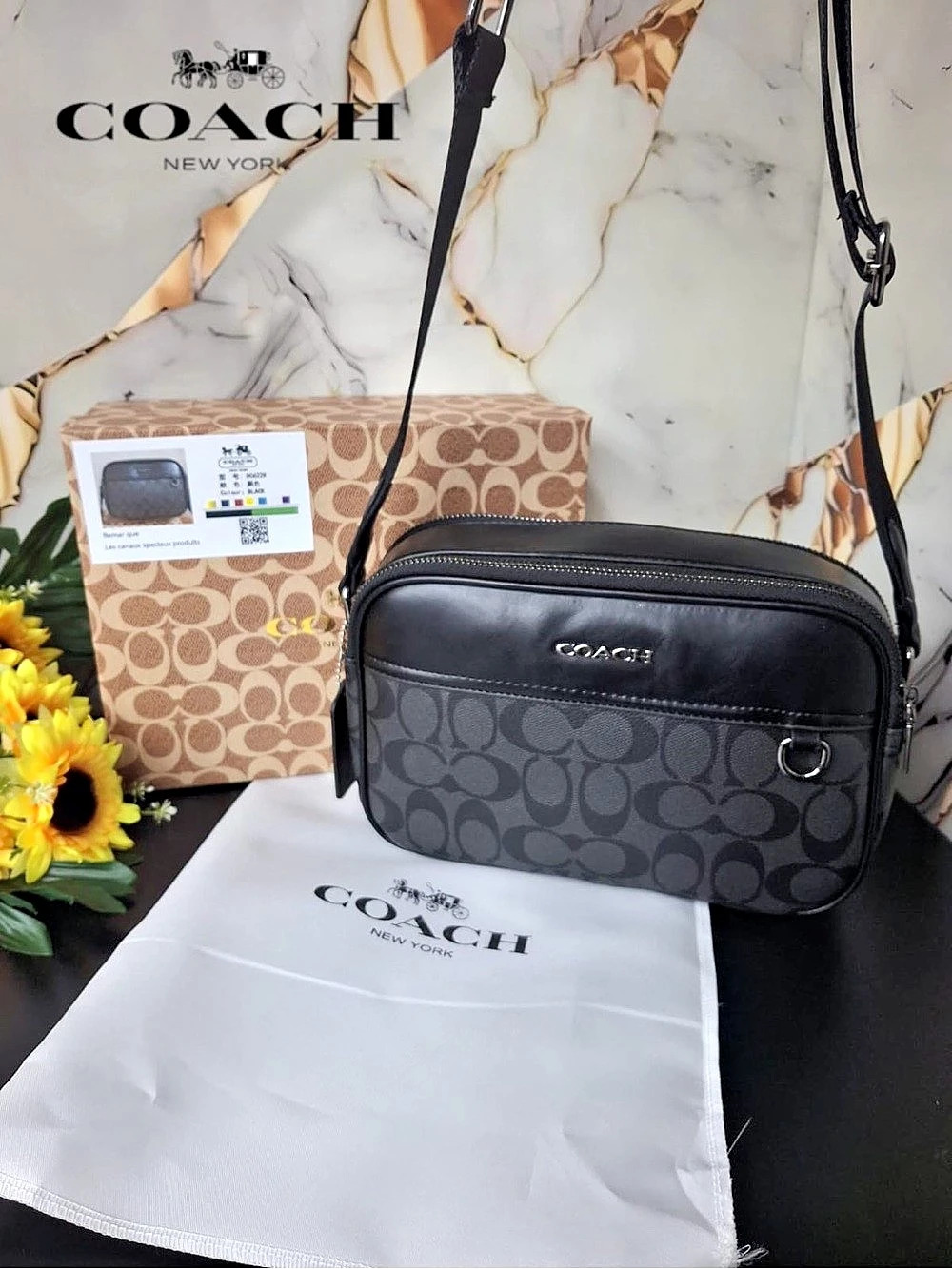 Coach West Camera Bag In Signature Canvas Black & Brown